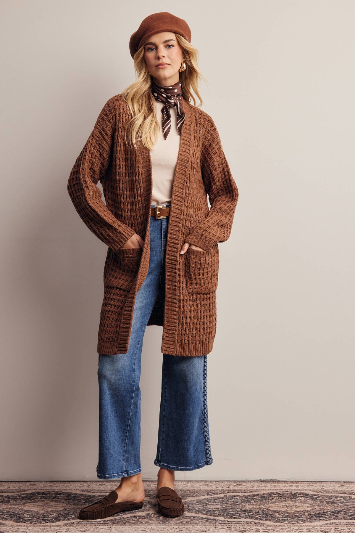 Waffle Knit Long Cardigan
