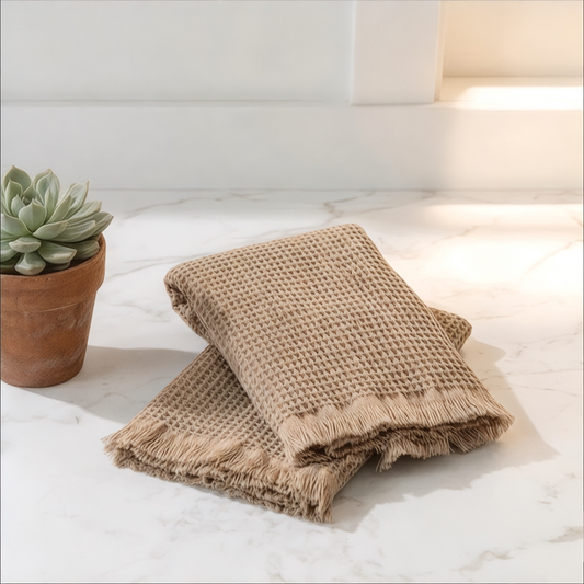 S/2 Beige Waffle Knit Towels