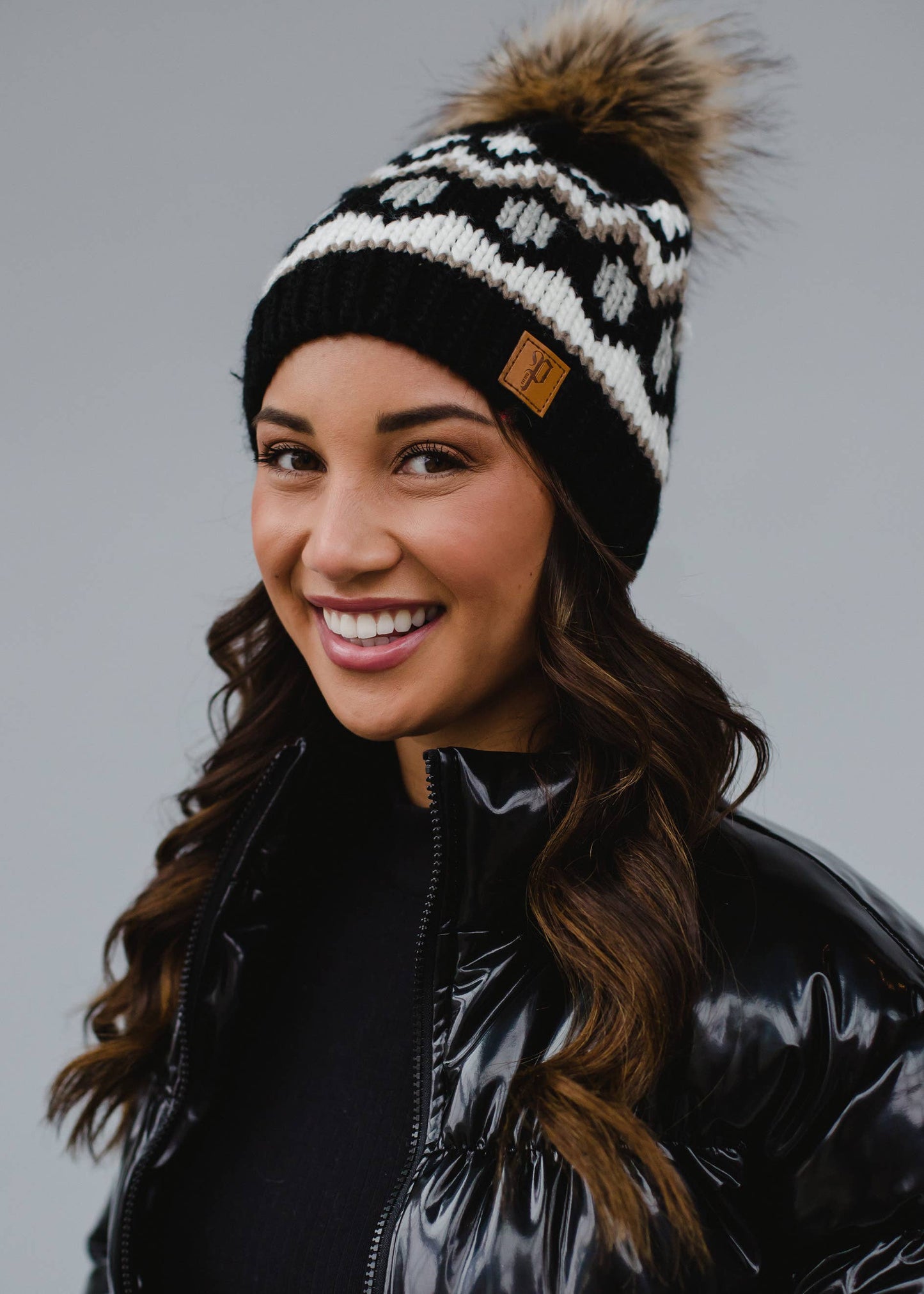 Black/Gray Patterned Pom Hat