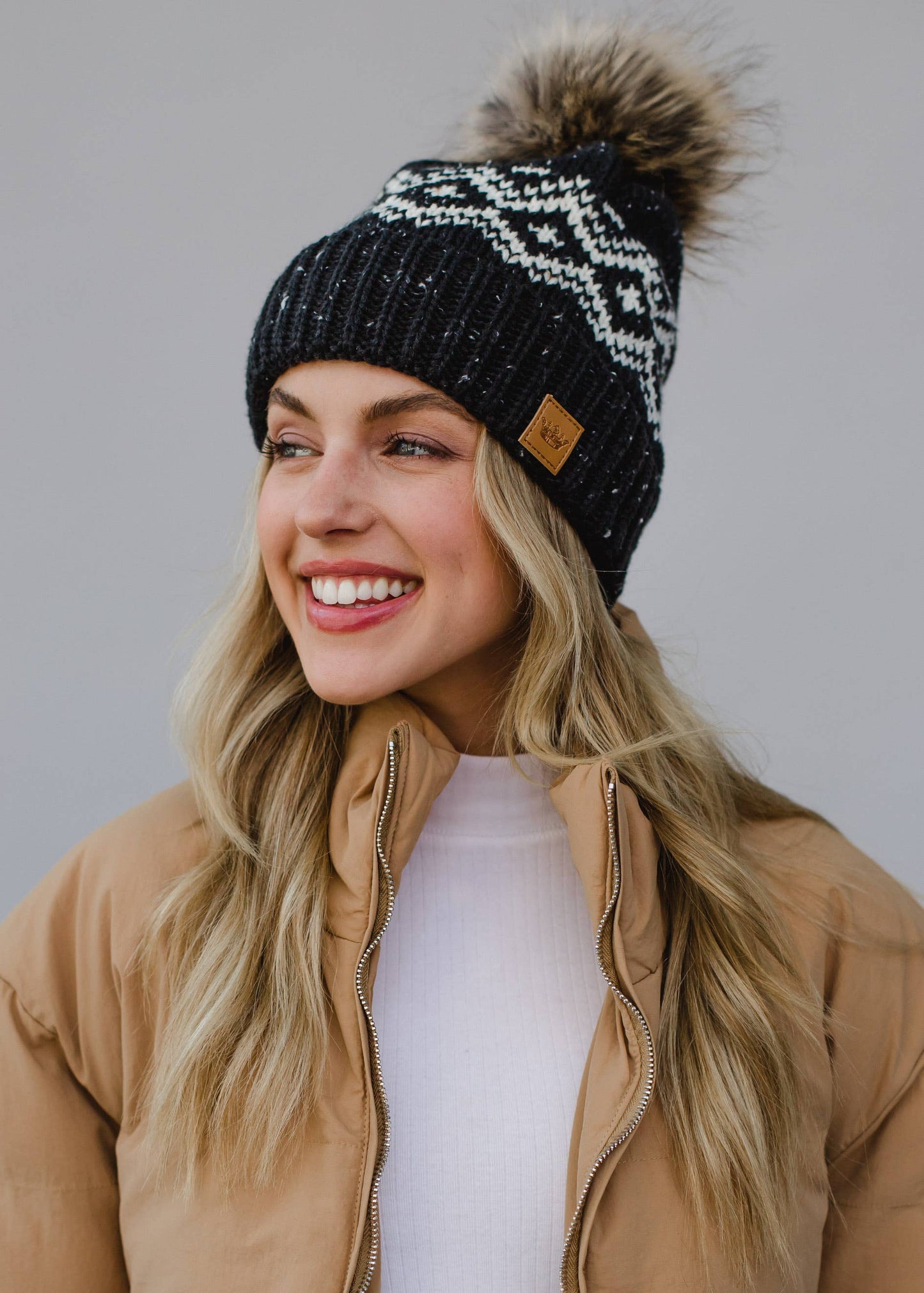 Black & White Speckled Pattern Pom Hat
