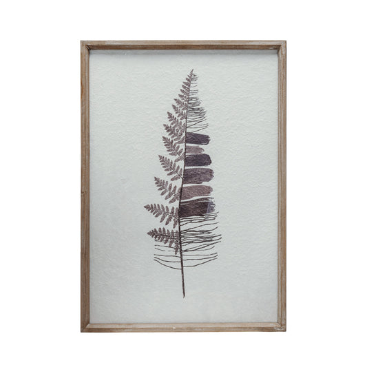 Wood Framed Glass & Textured Paper Wall Décor w/ Fern, Multi Color