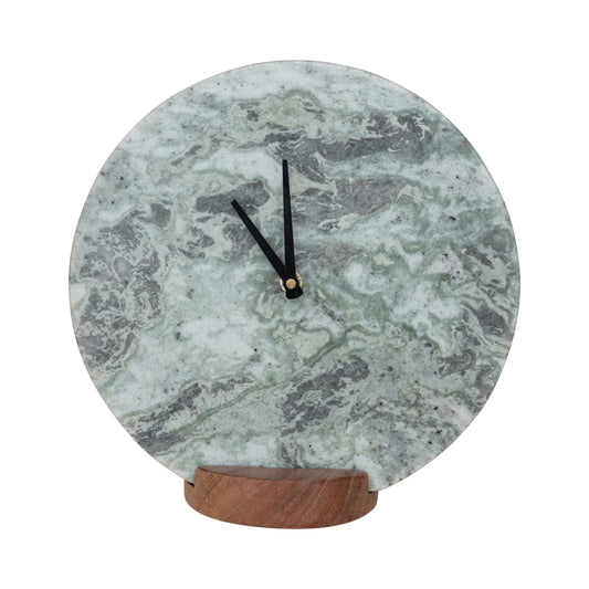 Marble Clock w/ Acacia Wood Base, Set of 2 (Requires 1-AA Battery) (Each One Will Vary)