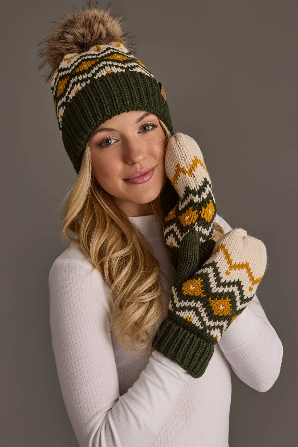 Green/Gold Pattern Pom Hat