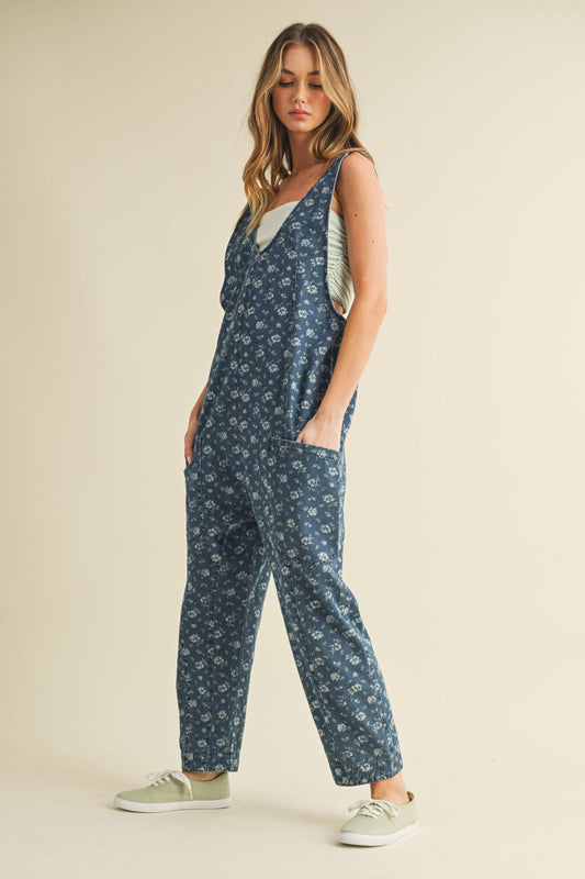 Flower Print Denim Jumpsuit