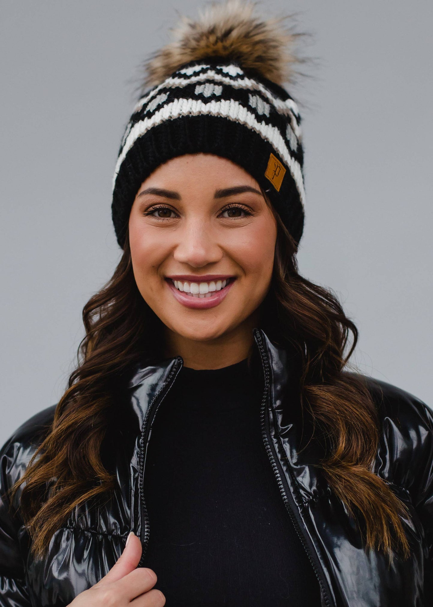Black/Gray Patterned Pom Hat
