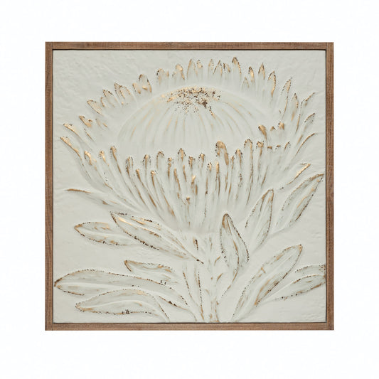 Wood Framed Metal Wall Decor with Embossed Protea, Antique White with Gold Brush Finish