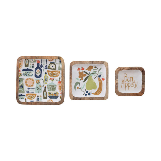 Enameled Mango Wood Trays w/ Kitchenware Pattern, Set of 3 ©