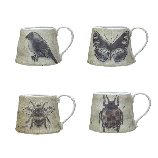18 oz. Stoneware Mug w/ Insect/Bird, 4 Styles (Each One Will Vary)