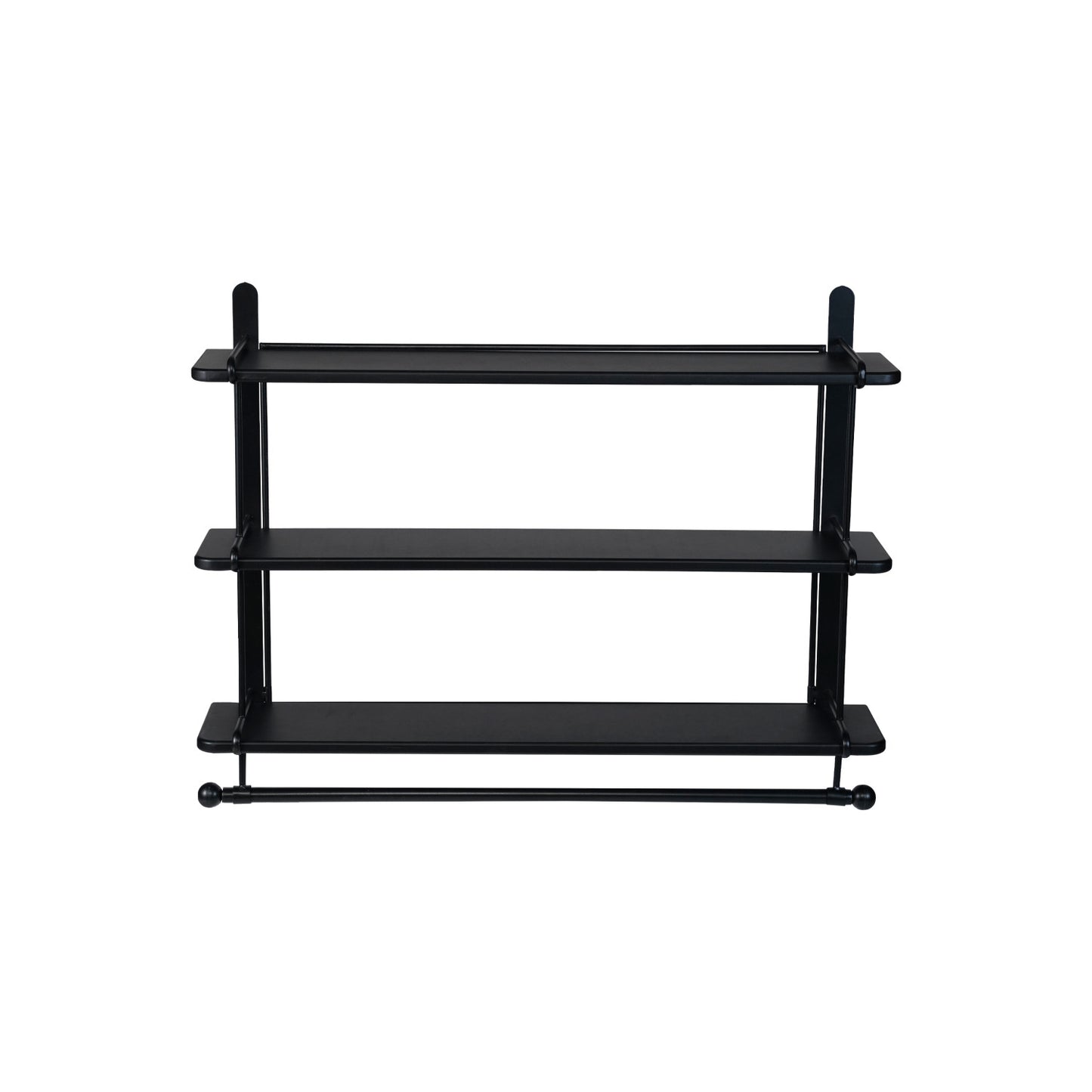 Wood & Metal Wall Shelf w/ 3 Shelves & Rod, Black, KD