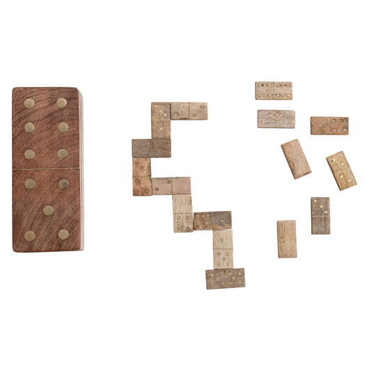 Handmade Mango Wood & Inlaid Brass Dominoes in Mango Wood Box, Natural, Set of 29