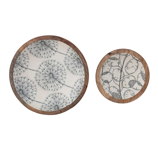 Enameled Mango Wood Bowls with Botanical Patterns, Cream Color & Grey, Set of 2