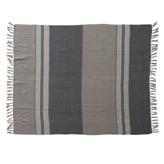 60"L x 50"W Woven Recycled Cotton Striped Throw with Fringe, Beige, Grey & Cream Color