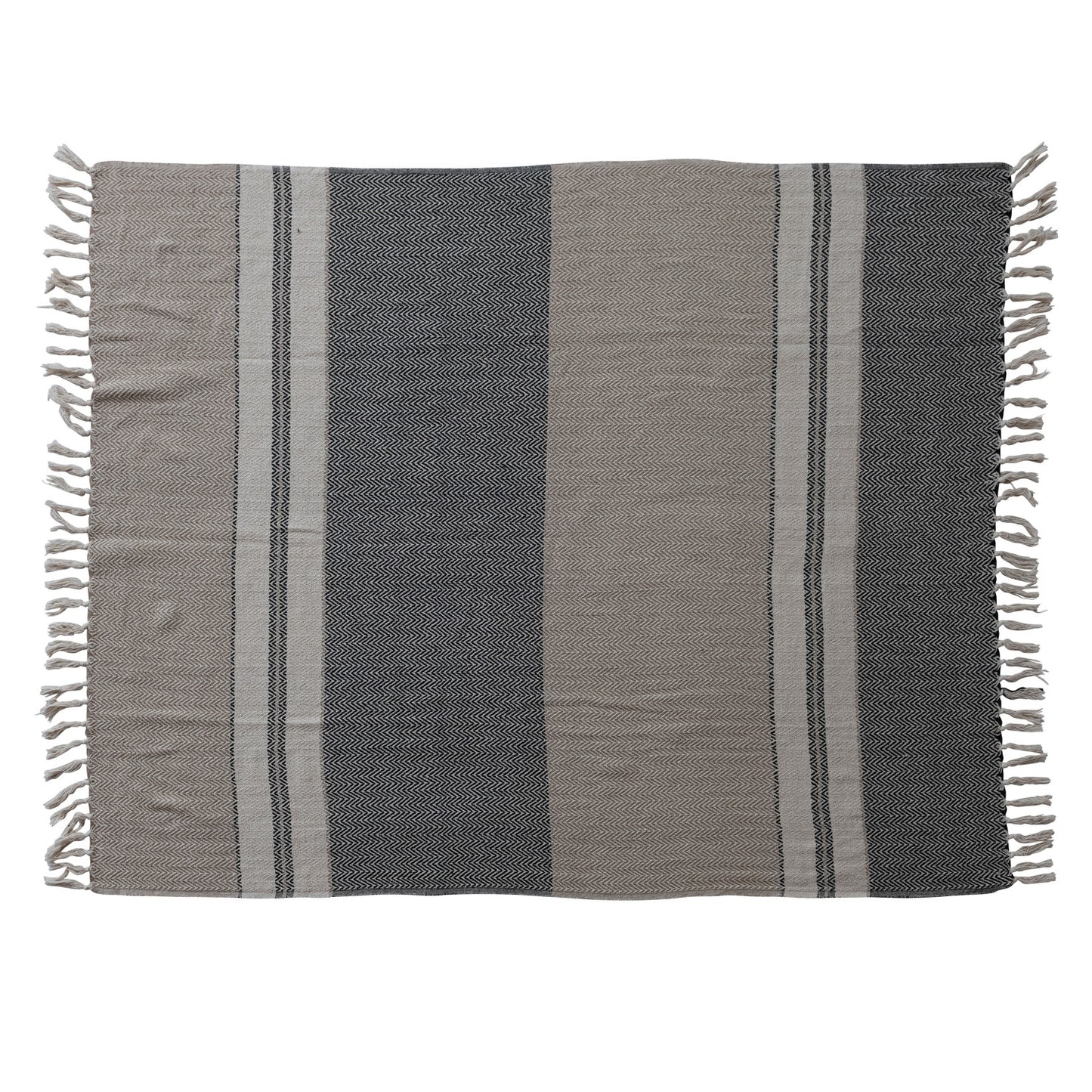 60"L x 50"W Woven Recycled Cotton Striped Throw with Fringe, Beige, Grey & Cream Color