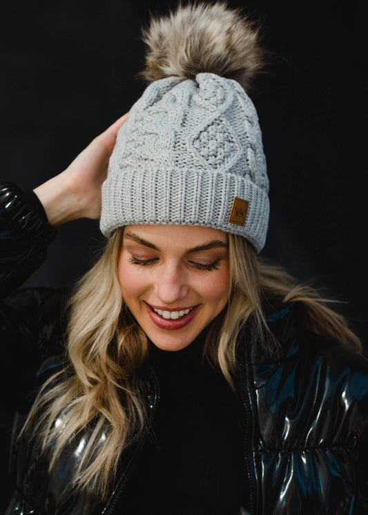 Gray Cable Knit Pom Hat