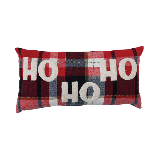 28"L x 14"H Brushed Cotton Flannel Lumbar Pillow w/ Applique "Ho Ho Ho", Multi Color Plaid