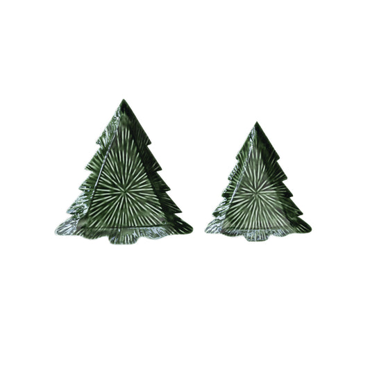 Enameled Metal Tree Shaped Trays, Green, Set of 2