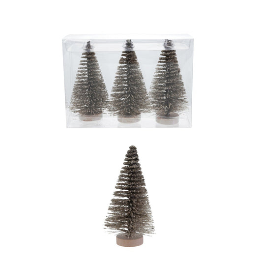 Plastic Bottle Brush Trees with Glitter & Wood Bases, Set of 3