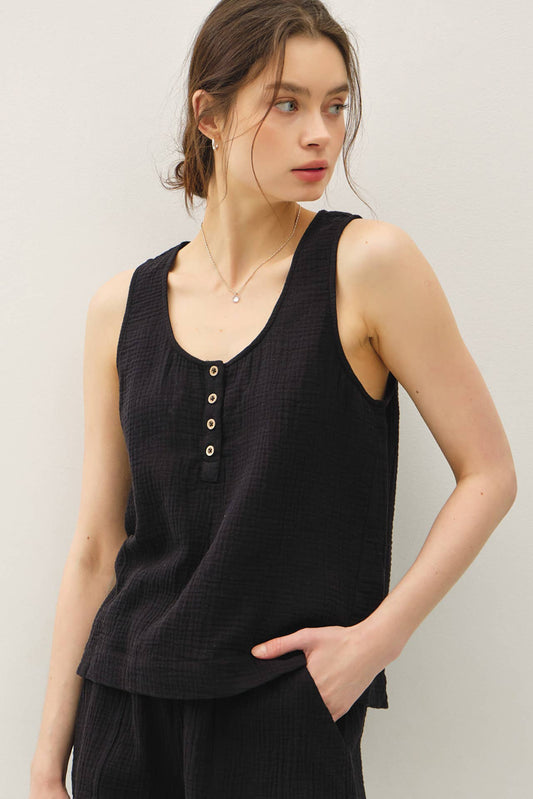 Gauze Flowy Button Tank
