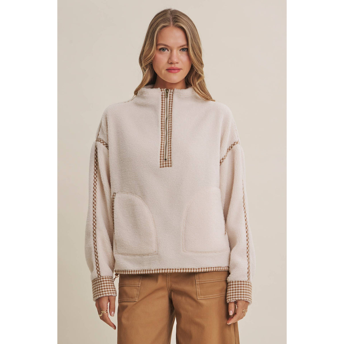 Gingham Trim Fleece Half Zip