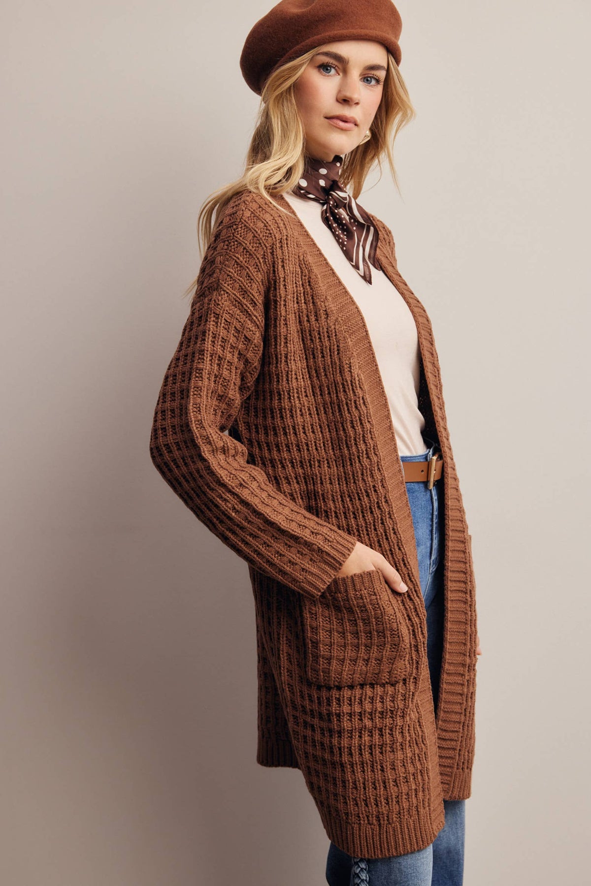 Waffle Knit Long Cardigan