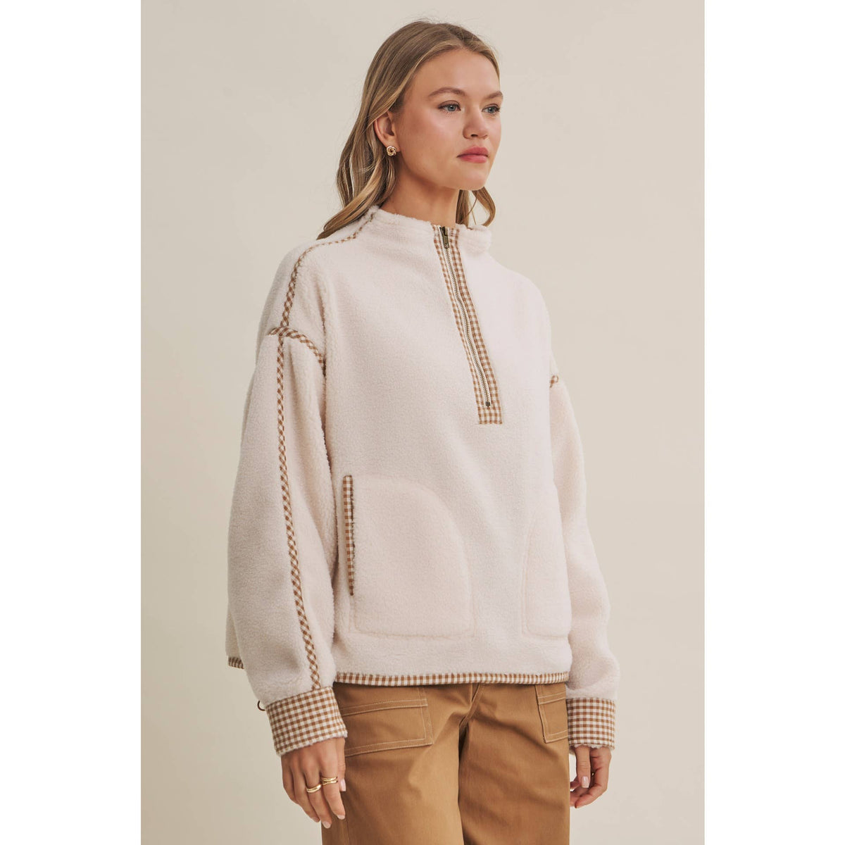 Gingham Trim Fleece Half Zip