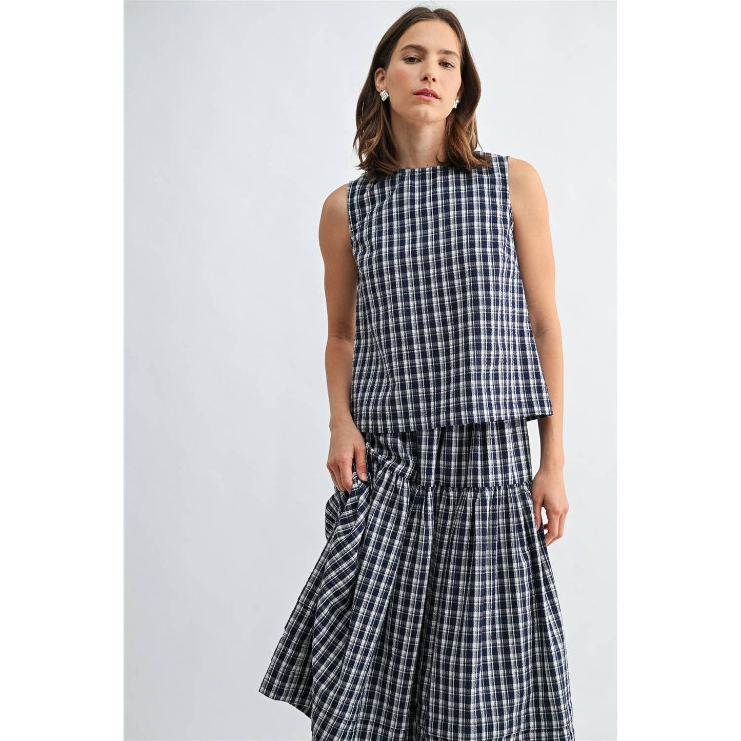 Gingham Print Button Tank