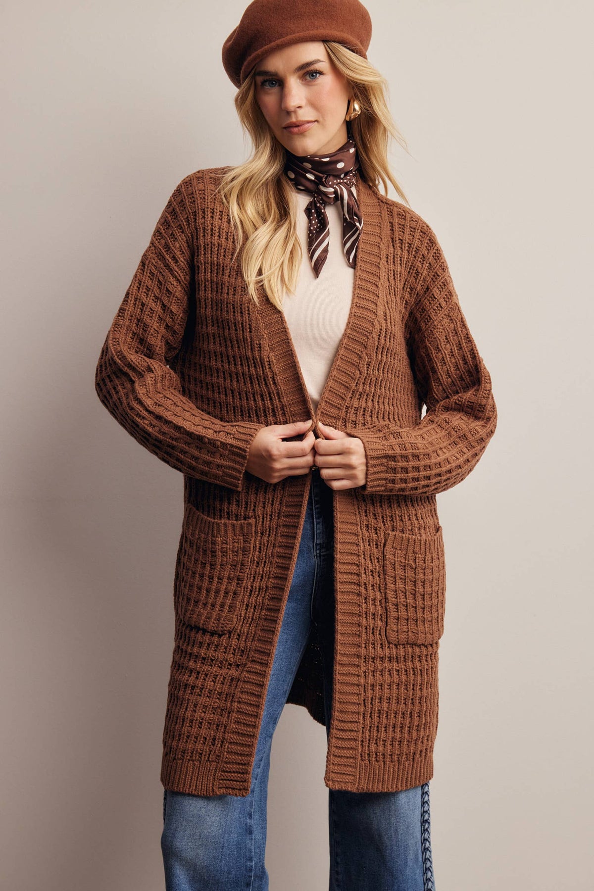 Waffle Knit Long Cardigan