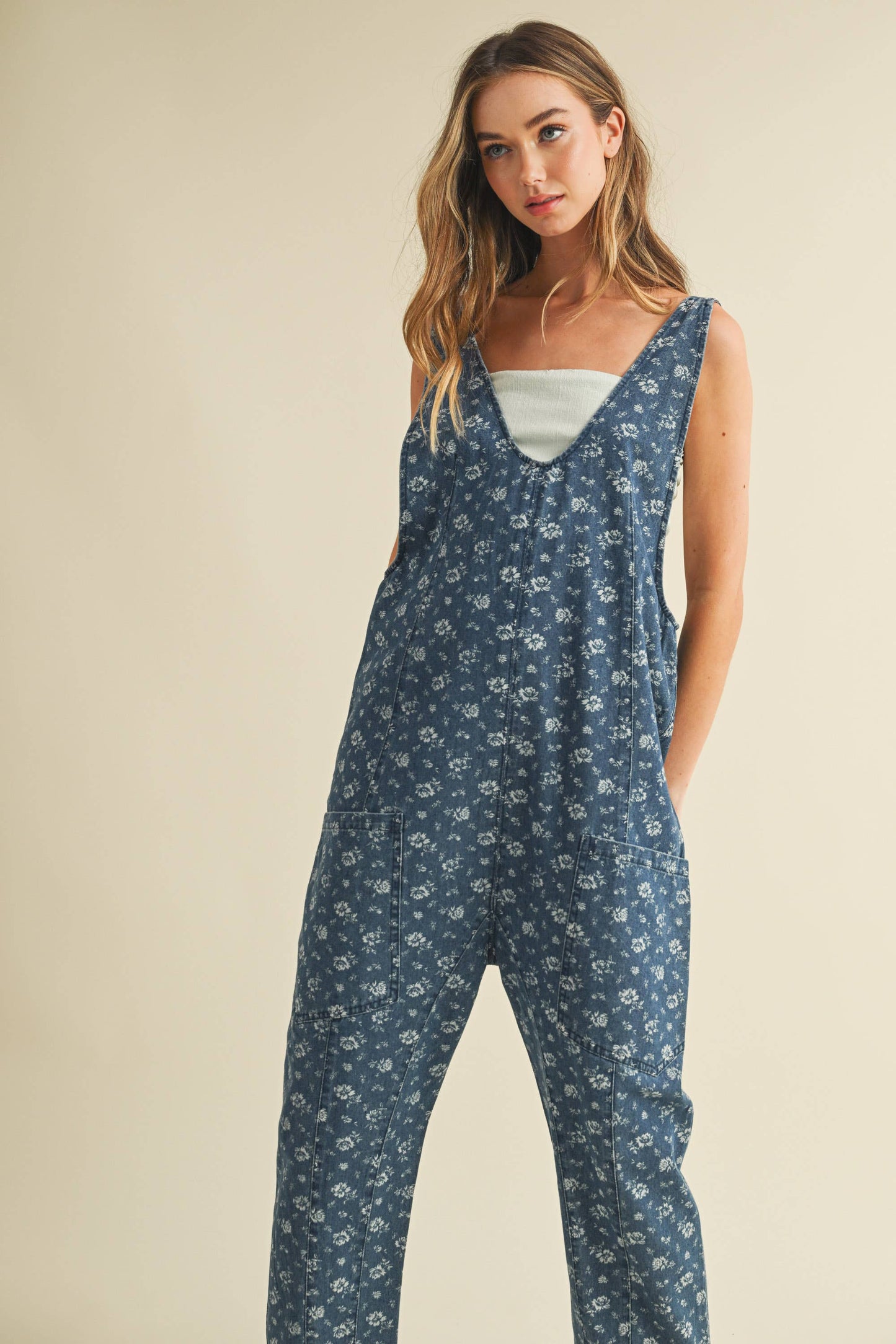 Flower Print Denim Jumpsuit