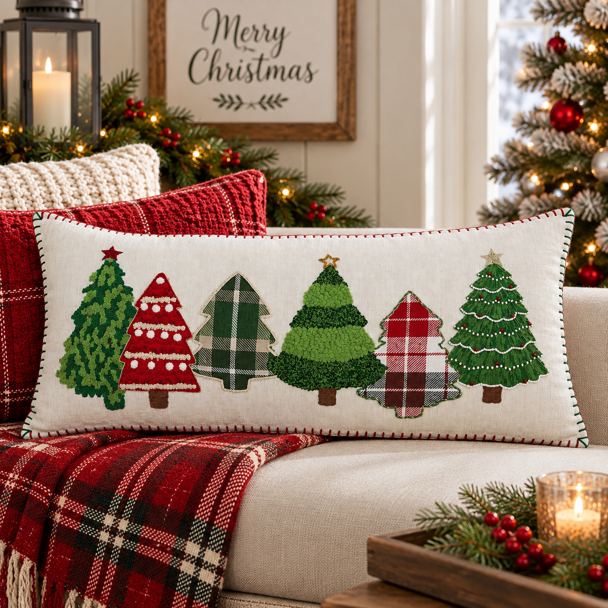 Christmas Tree Embroidered Pillow