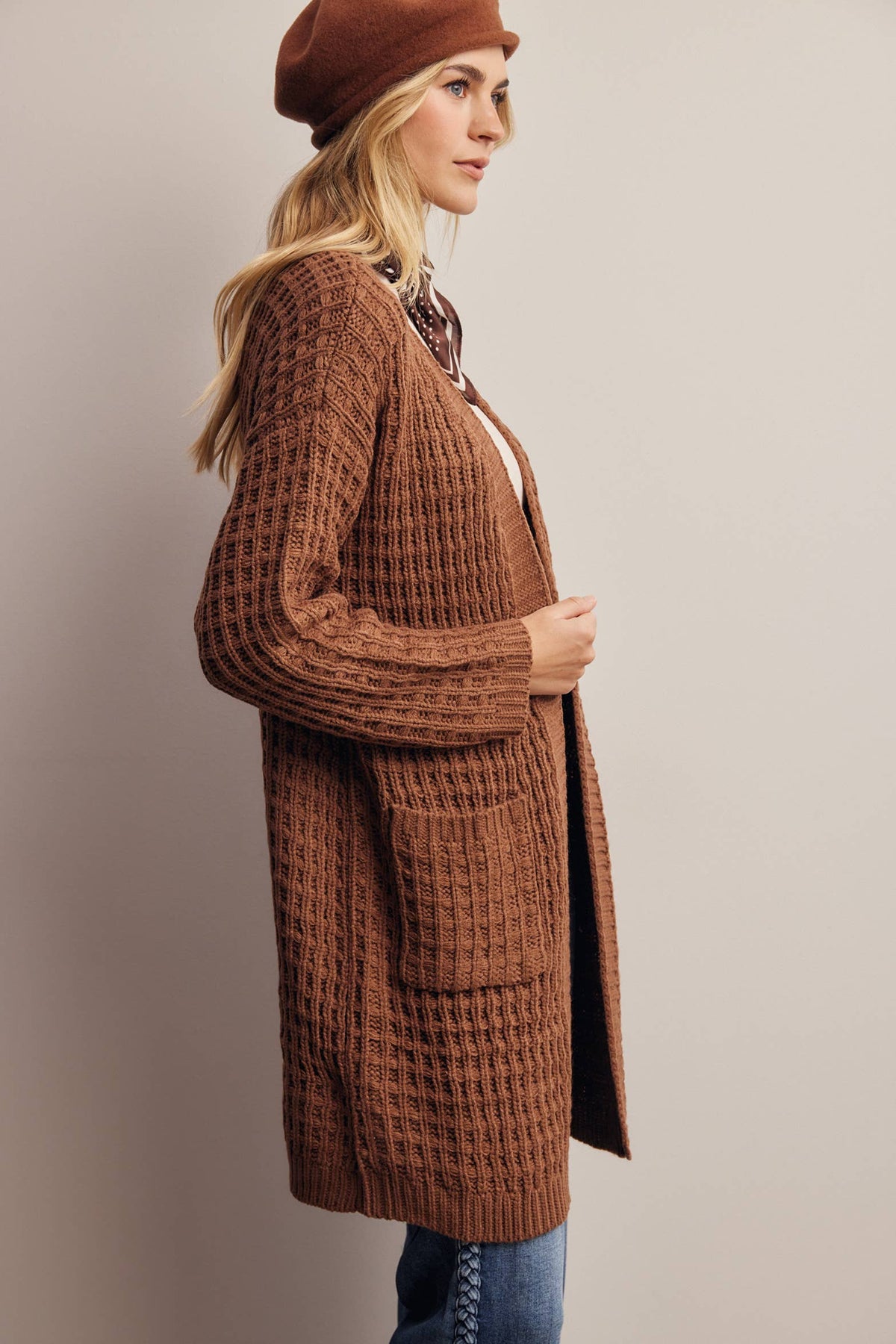 Waffle Knit Long Cardigan