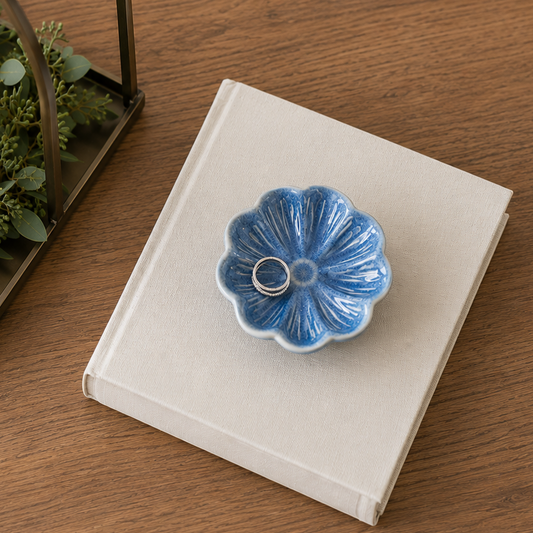 ceramic blue flower shaped decorative ring dish