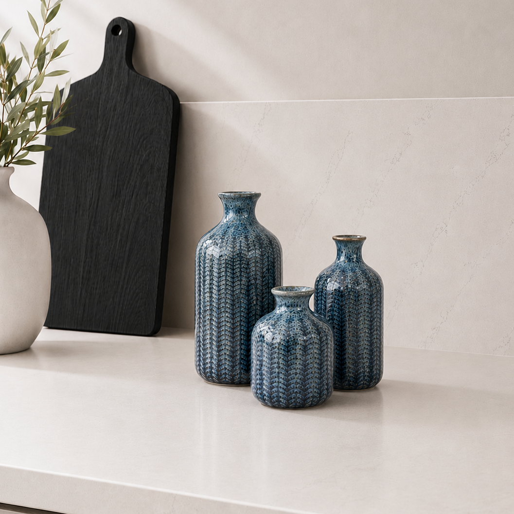 Set of 3, blue chevron ceramic vases