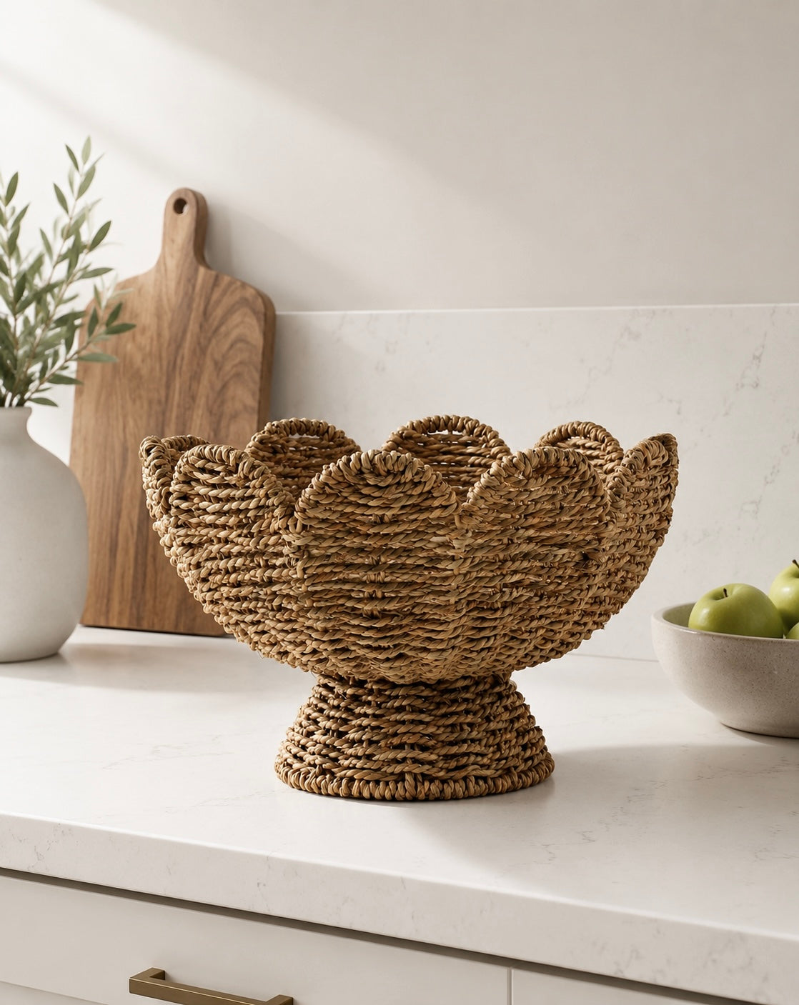 Woven basket bowl with a scalloped edge design for fruit, kitchen decor or storage 