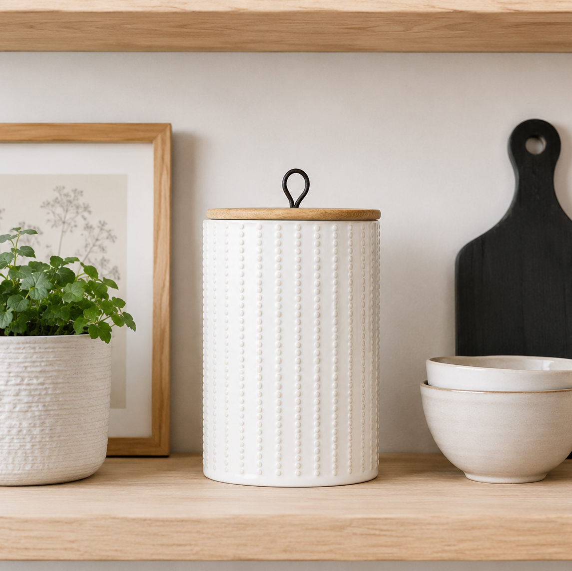 white ceramic canister with dot pattern and wood lid 
