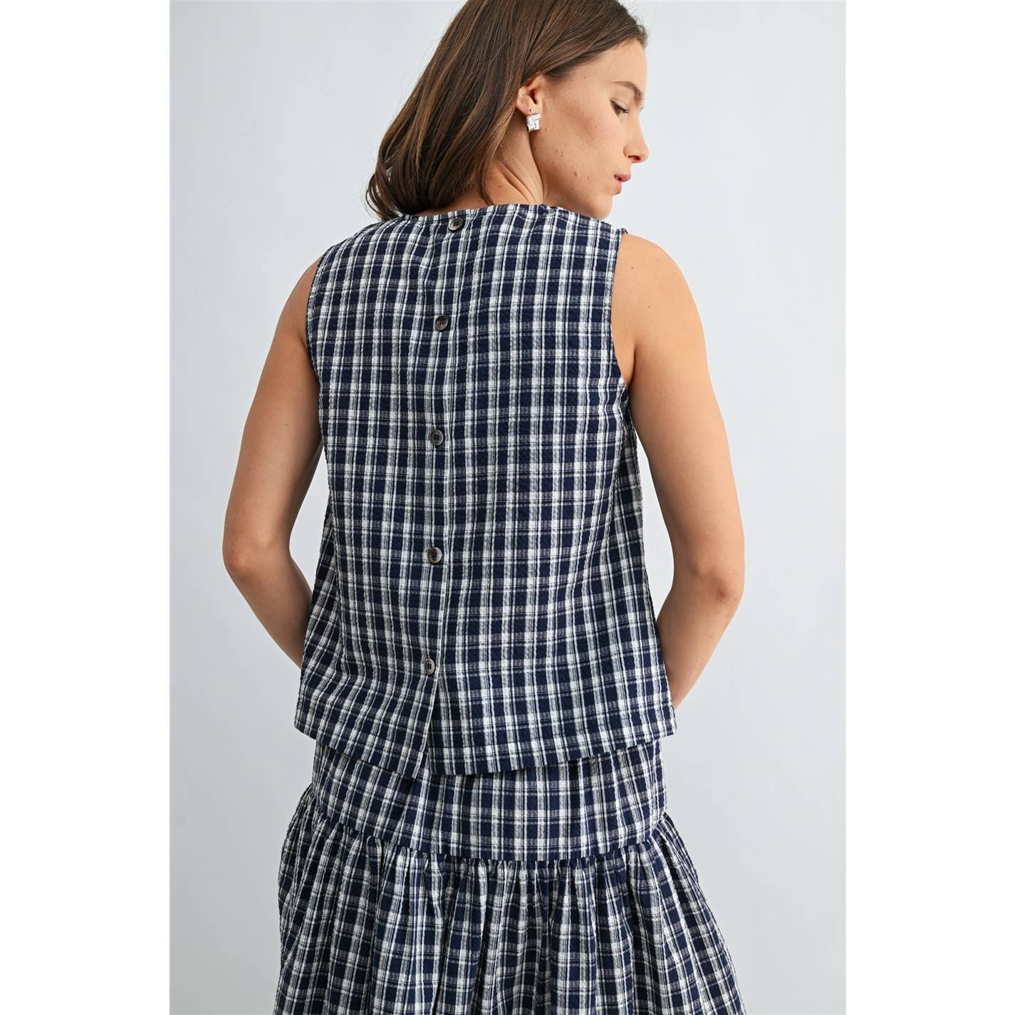 Gingham Print Button Tank