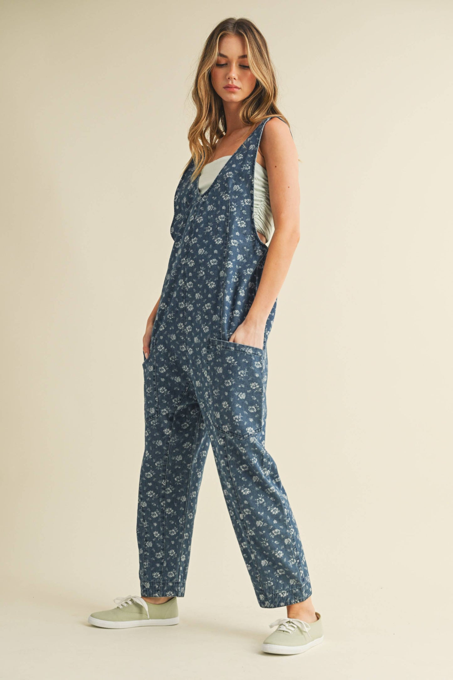 Flower Print Denim Jumpsuit