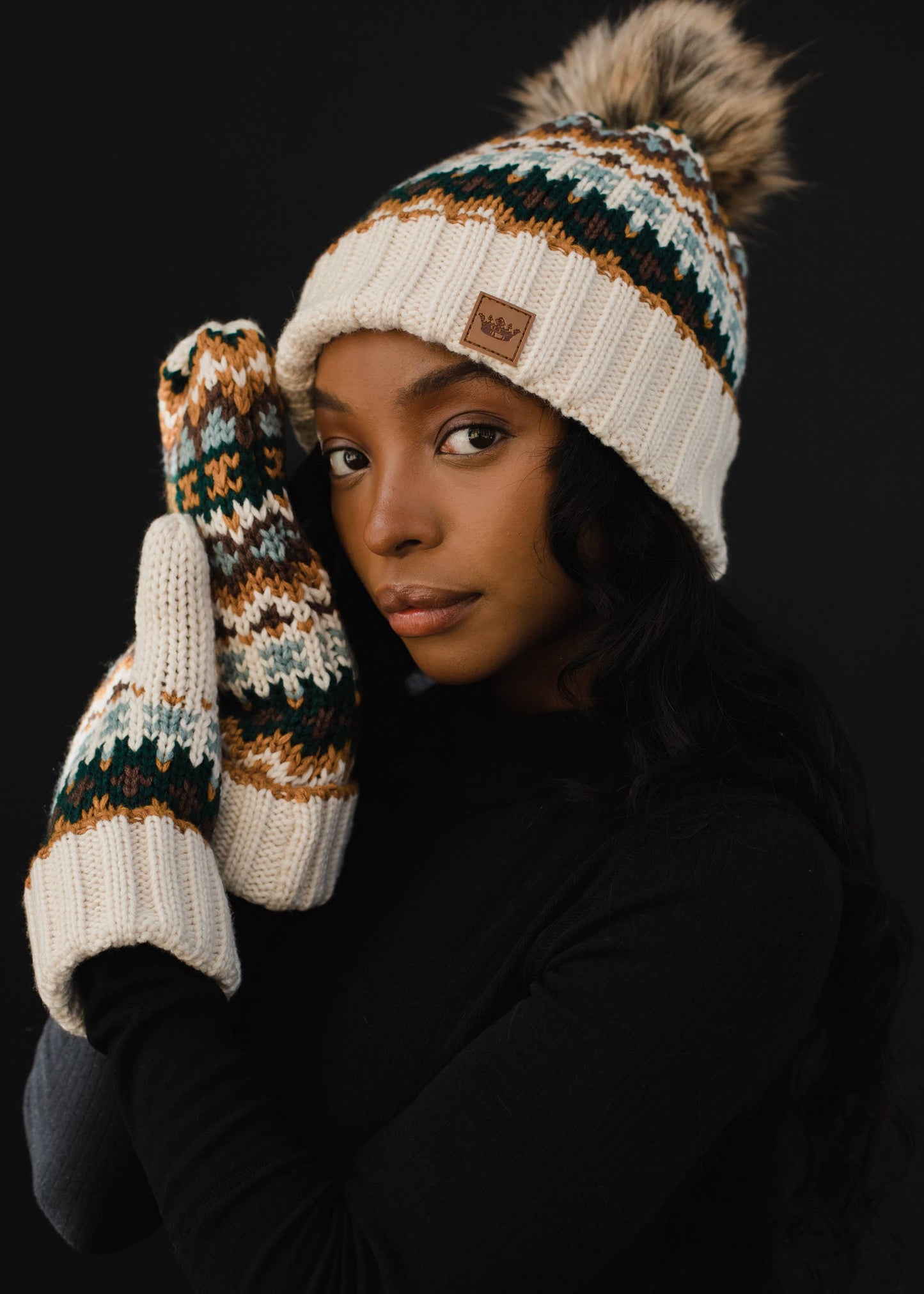 Cream Pattern Pom Pom Hat