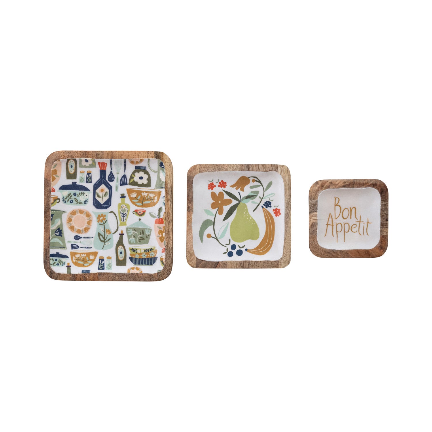 Enameled Mango Wood Trays w/ Kitchenware Pattern, Set of 3 ©