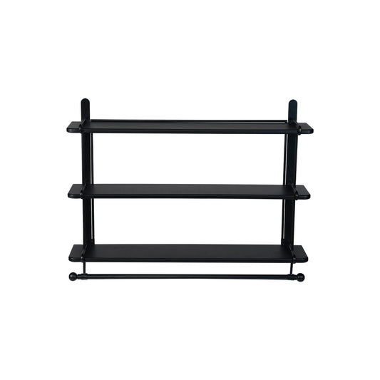 Wood & Metal Wall Shelf w/ 3 Shelves & Rod, Black, KD