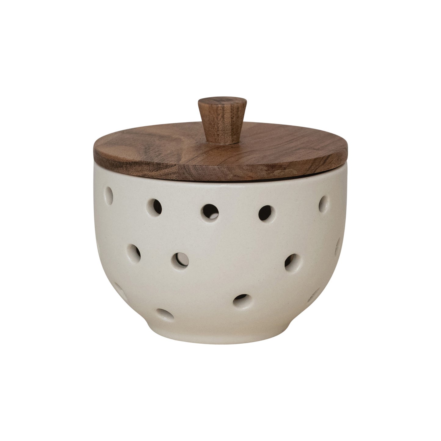 Stoneware Garlic/Onion Keeper w/ Mango Wood Lid, Cream Color & Natural