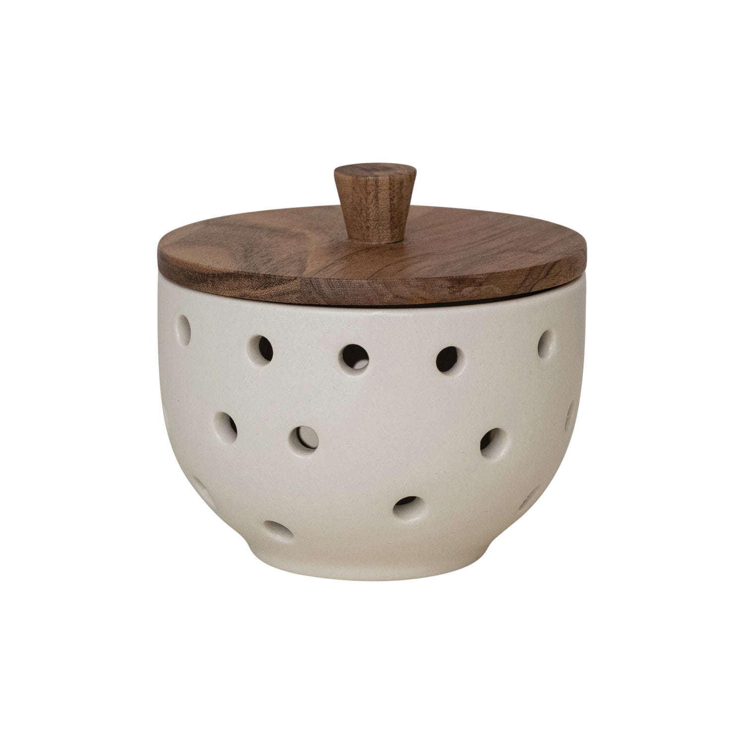 Stoneware Garlic/Onion Keeper w/ Mango Wood Lid, Cream Color & Natural