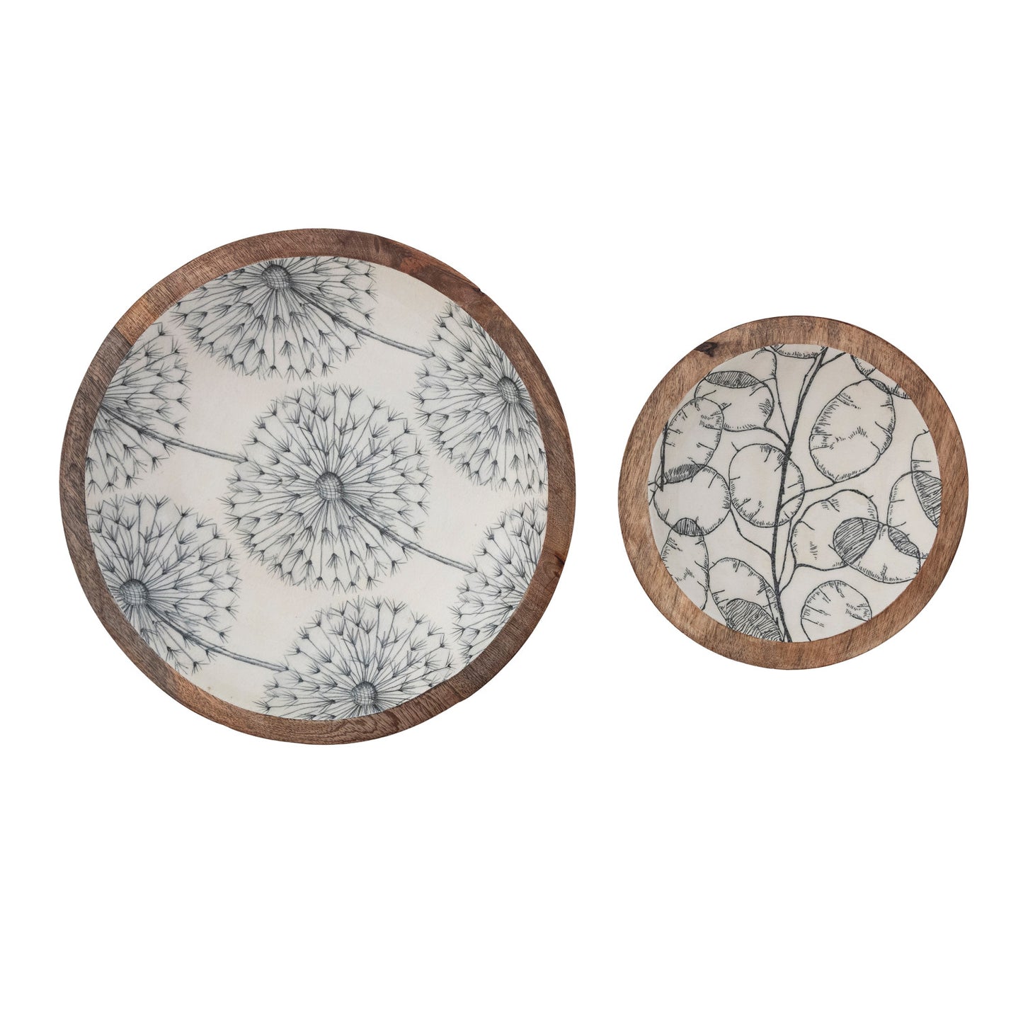 Enameled Mango Wood Bowls with Botanical Patterns, Cream Color & Grey, Set of 2