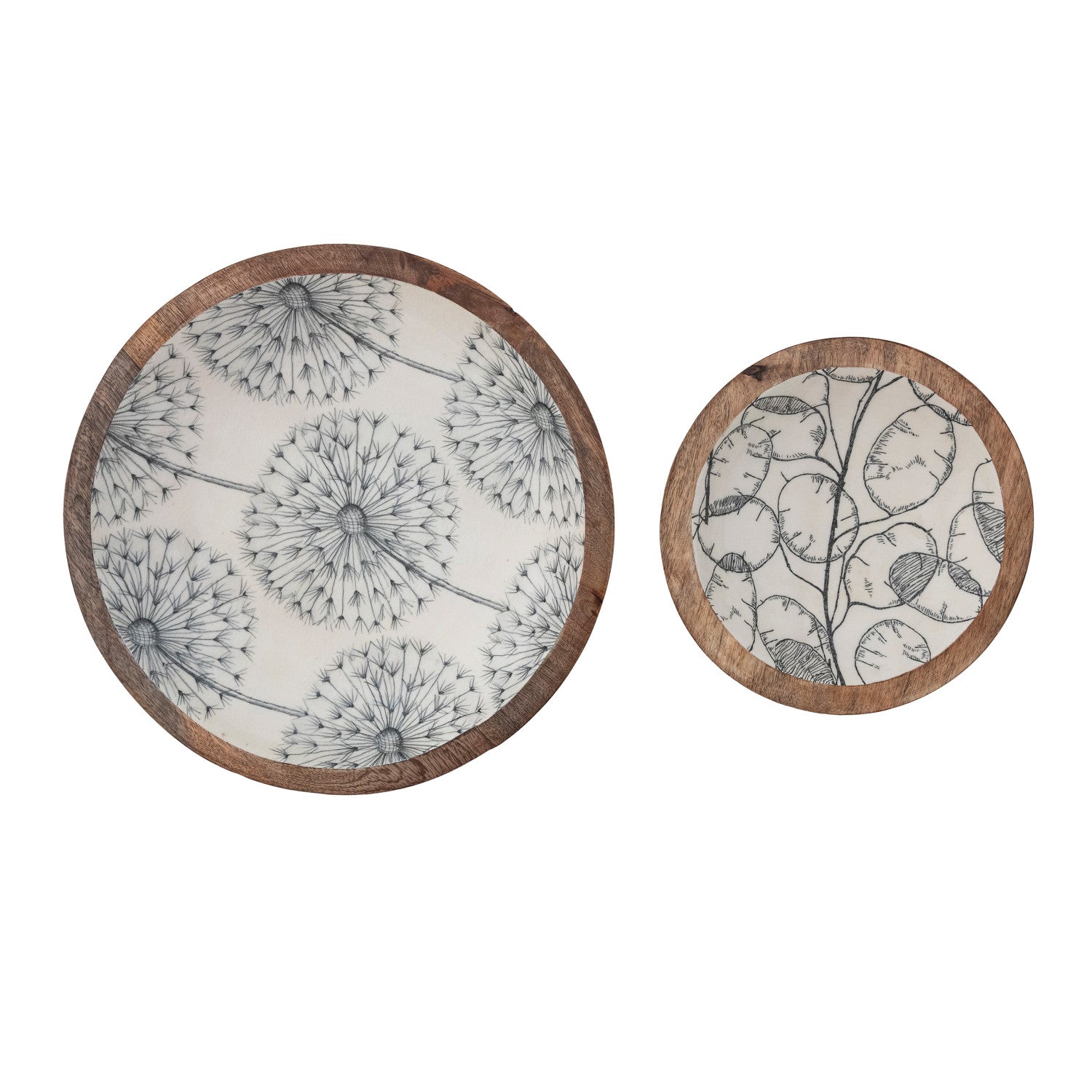 Enameled Mango Wood Bowls with Botanical Patterns, Cream Color & Grey, Set of 2