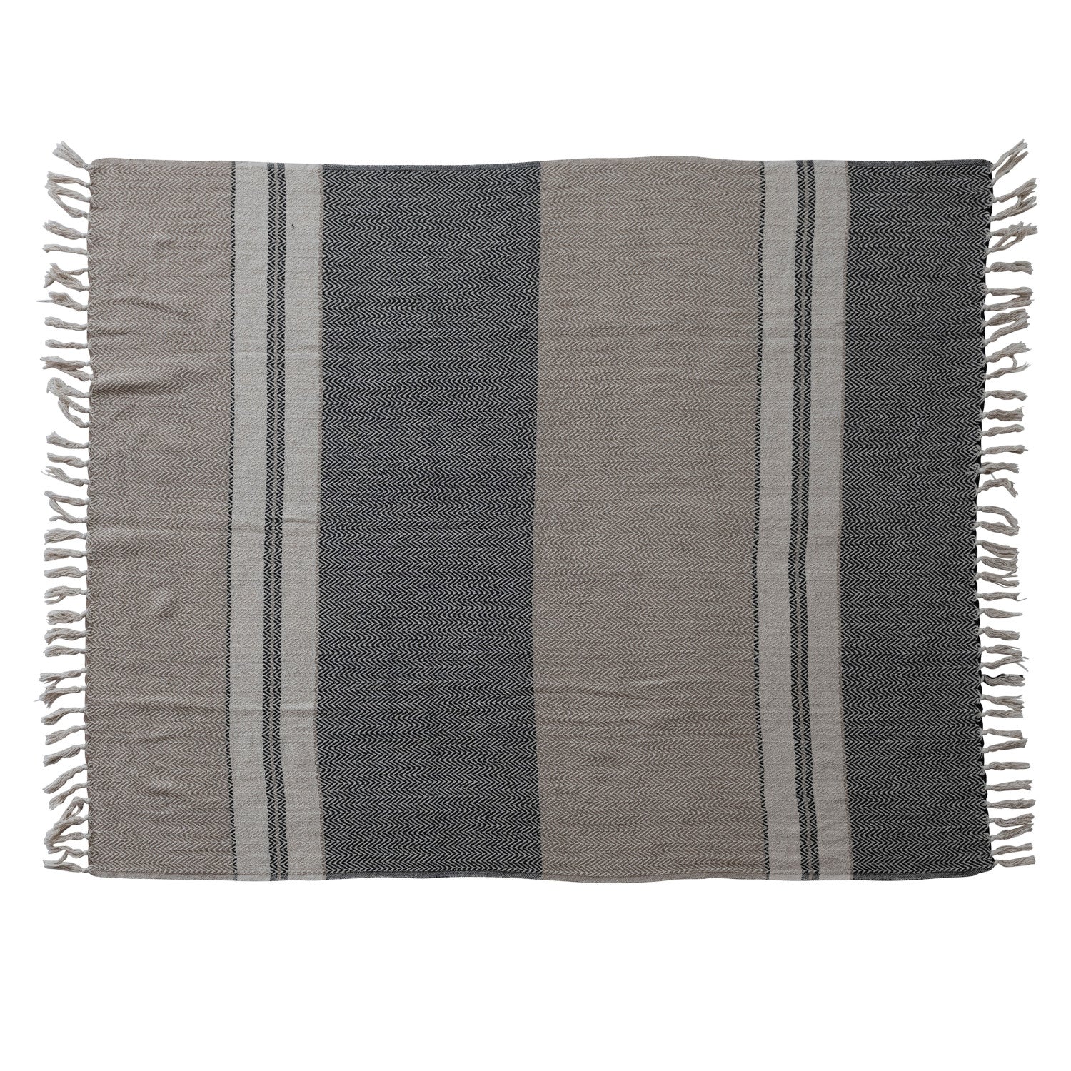 60"L x 50"W Woven Recycled Cotton Striped Throw with Fringe, Beige, Grey & Cream Color