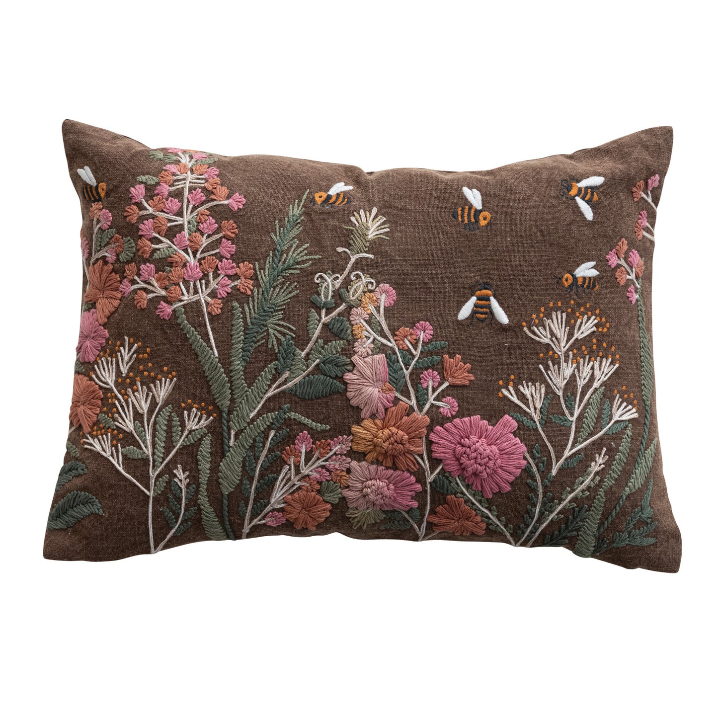 Stonewashed Cotton Slub Lumbar Pillow with Hand-Embroidered Flowers & Bees