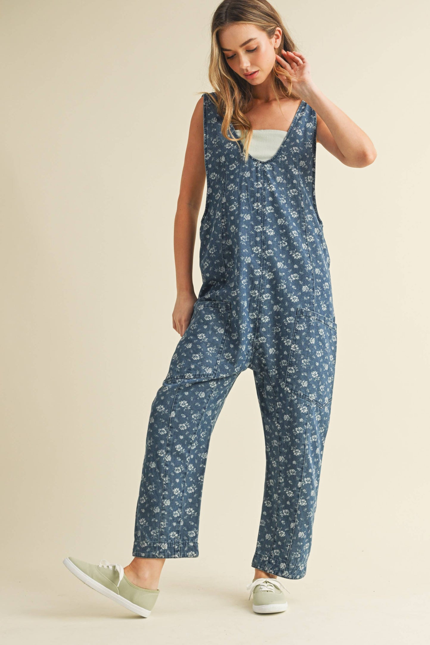 Flower Print Denim Jumpsuit
