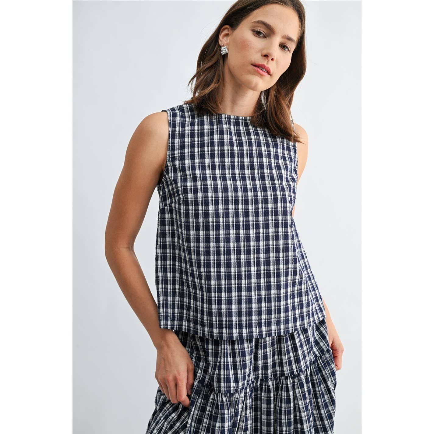 Gingham Print Button Tank